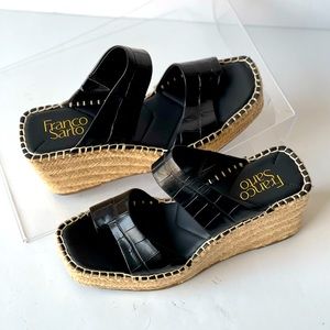 Franco Sarto Black Leather Espadrille Wedge Sandal Heel Clave